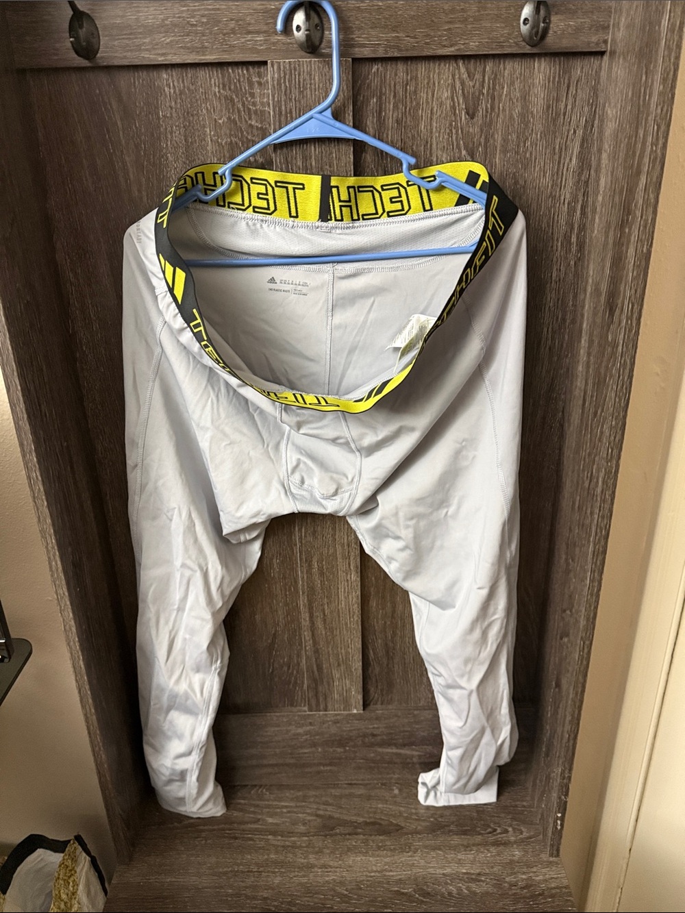 adidas White Techfit Compression Pants with Yellow Waistband